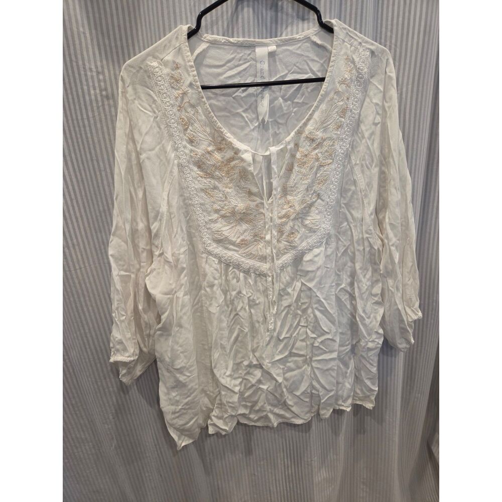 Grand & Greene Split Neck Floral Embroidery Tunic Blouse Festival Style 2X